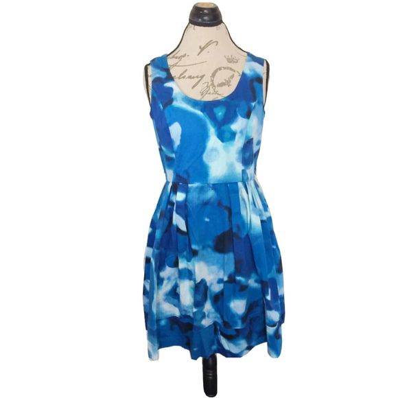 Ellen Tracy Womens Dress Size 10 Blue Tie Dye  Sleeveless Pleated Fit Flared - Picture 1 of 12